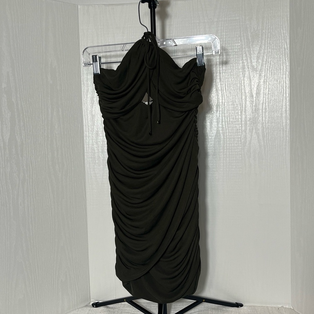 Zara Short Bodycon Runched Halter Mini Dress Olive Dark Khaki Green Womens Small